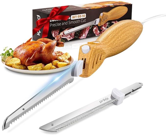 Prikoi Electric Knife - Carving Knife Set, Easy-Slice Serrated Edge Blades for Meat, Bread, Turkey, Ribs, Fillet, DIY, Ergonomic Handle + 2 Blades for Raw & Cooked Food New Upgrade(Faux Wood)