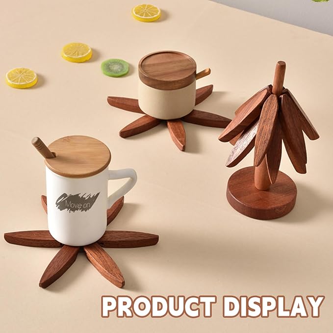 Natural Foldable Black Walnut Wooden Trivet Set - 4 Trivets + 1 Stand for Hot Dishes, Pot, Bowl, Teapot, Hot Pot Holders(Beech)