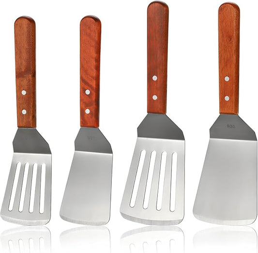 4 Pack Stainless Steel Spatula Set, 2 Sizes Metal Spatulas for Kitchen Use, Hevy Duty Solid & Slotted Turner with Wooden Handle, Flat Top Grill Spatula for Egg, Hamburger, Fish, Cooking, BBQ