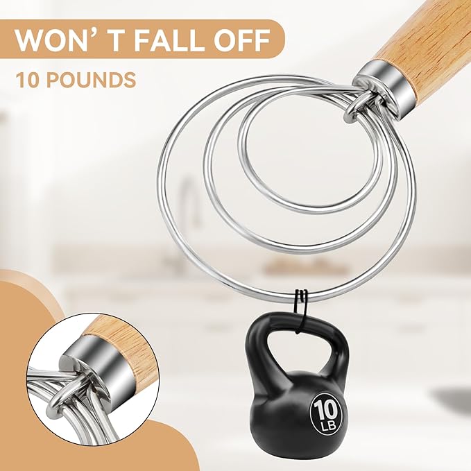 Danish Dough Whisk Dutch Bread Mixer Stainless Steel Hook Wooden Handle Baking Tools for Sourdough Pizza Pastry Cake Batter Making