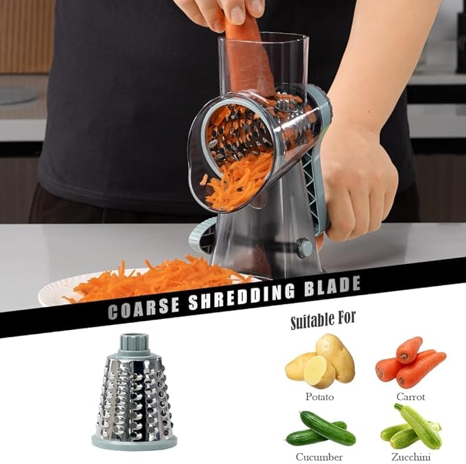 Cheese Grater Vegetable Cheese Shredder Slicer Grater for Kitchen 3 Changeable Blades for Cheese Potato Zucchini Nuts Chocolate (Grey Blue)