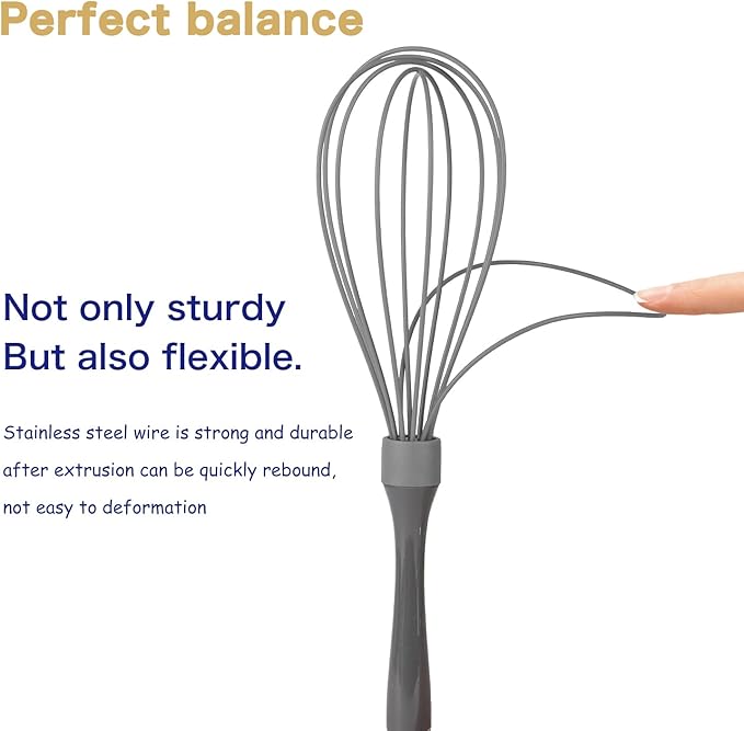 Dishwasher Safe Whisk, Professional Whisks For Cooking Non-Scratch, Stainless Steel & Silicone Wisk, Plastic Rubber Whisk Tool For Nonstick Cookware Pans, Heat Resistant Whisk 12-Inch, Grey