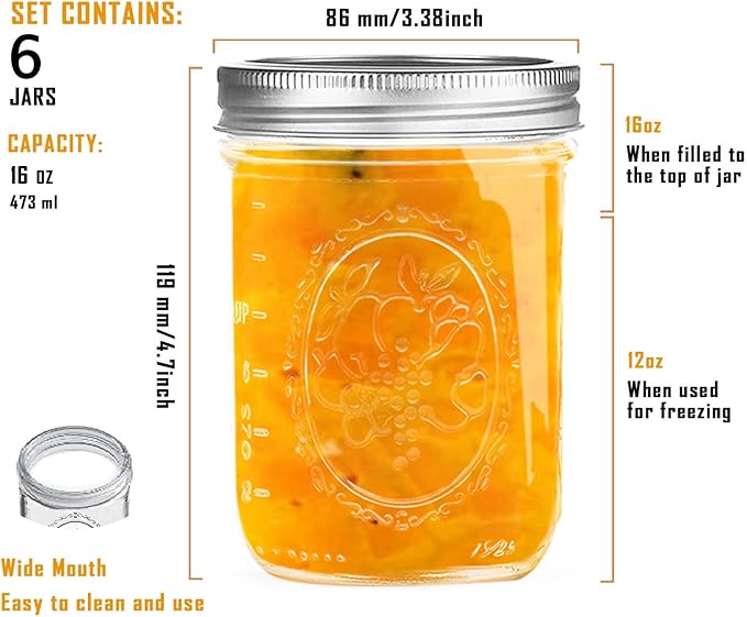 Miuyhji Wide Mouth Mason Jars 16 oz with Lids [6 Pack], Canning Jars with Metal Airtight Lids and Bands, 16 oz Glass Jars for Fermenting, Pickling, Freezing, Preserving, Meal Prep, Jar Décor
