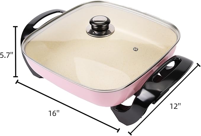 12'' Ceramic Nonstick Electric Skillet with Tempered Vented Glass Lid, Scratch-Resistant Surface, Cool-Touch Handles, Removable Easy-to-Clean, 120V 1200W 60Hz, Pink