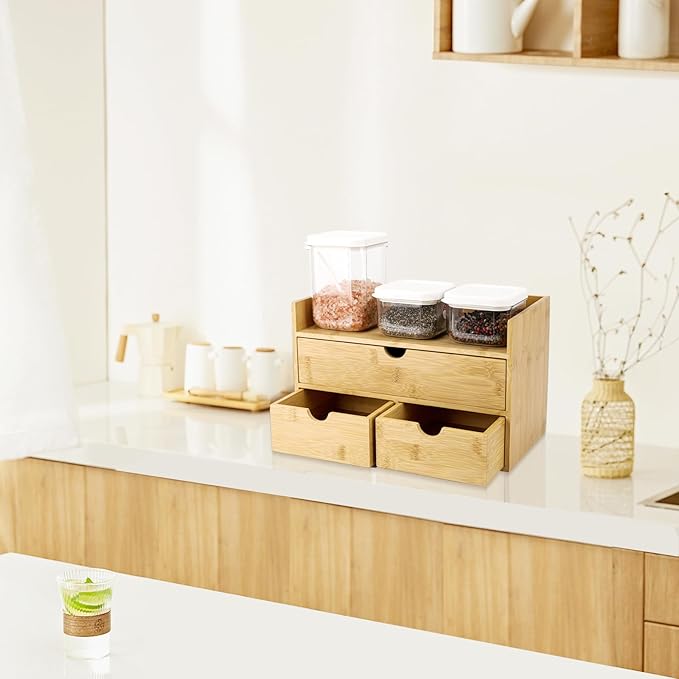 Charmewooden Bamboo Desk Organizer With Drawers Countertop Drawers Counter Storage Box Corner Desk Organizer for Home Office No Assembly Required (3 Drawers with shelf)