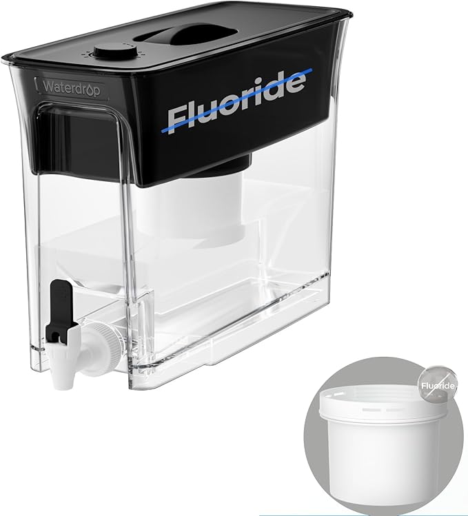 Waterdrop Fluoride-Reducing Water Filter Dispenser, 35-Cup, 150-Gallon Long-Life, Large Capacity, Reduces Chlorine, PFOA/PFOS and More, BPA Free, Black (with 1 Filter)