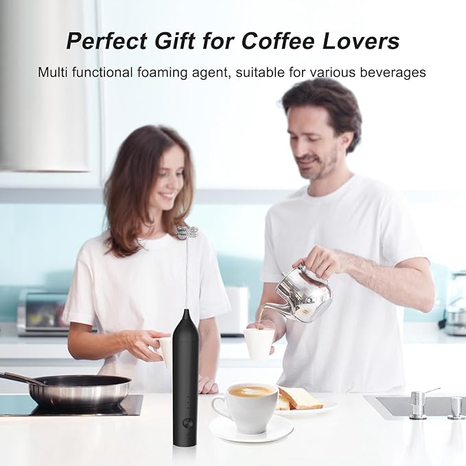 Rechargeable Milk Frother by ELMWAY, 3 Speed Electric Milk Frother Handled with Wand and Egg Whisk Attachments, for Coffee, Matcha and Protein Powder (Black without Stand)