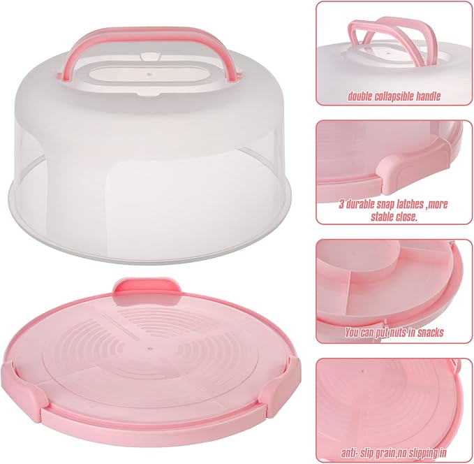 Zoofen Plastic Cake Carrier with Handle 10in Cake Holder Cake Stand with Lid Pink Cake Container for 10in Cake Round Cake Carrier for Transport