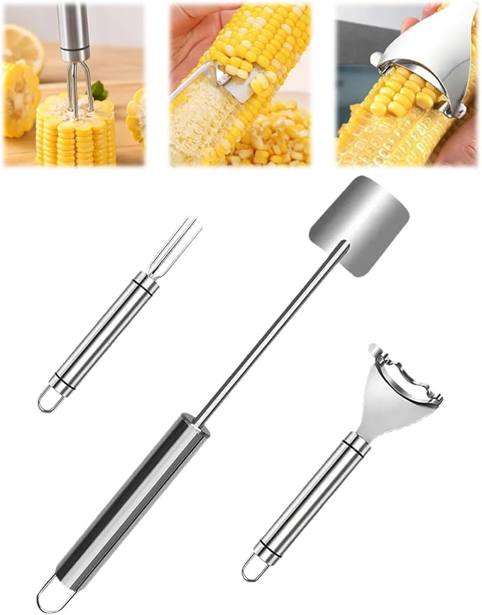 3PCS Corn Peeler Set – Stainless Steel Corn Stripper Tool with Cutter, Planer & Holder – Quickly Remove Kernels from Corn on the Cob – Dishwasher Safe, Easy Grip Handle, for Home & BBQ