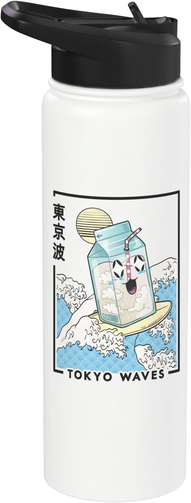 Happy Milk Carton Surfing Japanese Waves Kawaii Aesthetic Stainless Steel Insulated Water Bottle