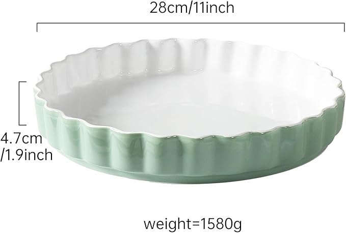 Quiche Baking Dish,Ceramic Pie Pan 11 Inch Reusable,Pizza Pan，Non-Stick Round Tart Pan with Ruffled Edge Microwave Dishwasher and Oven Safe (GREEN)