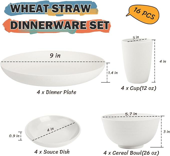 Wheat Straw Plates and Bowls Sets of 16，Unbreakable Dinnerware Sets for 4, Microwave & Dishwasher Safe Kids Dish Set for Kitchen, Outdoor, Camping, Party, RV- White