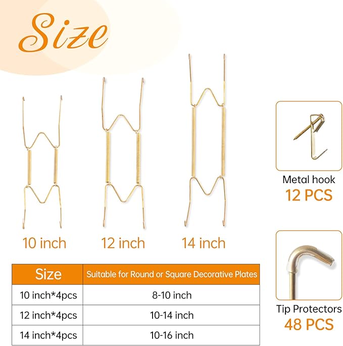 Bilillo 12 Pieces Invisible Wall Plate Hangers 10/12/14 Inches Wall Plate Hangers Stainless Steel Decorative with 12 Pieces Hook with Nails Suitable for 8-16 inch Decorative Antique and Arts(Gold)