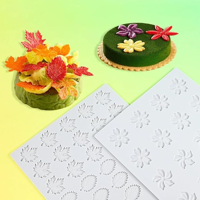 Hollow 3D Leaf Tuille Lace Silicone Cake Moulds, Molds Silicone Baking Fondant Tuile Molds, Polymer Clay Mold for Baking, Clay, Resin, Sugar Craft, Dessert Cake Decoration (3pcs Flower Fondant Mold)