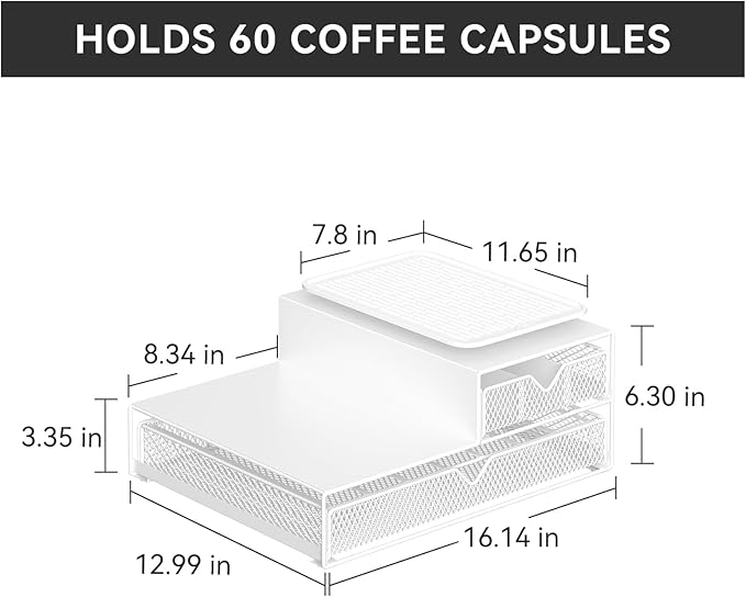 K Cup Organizer for Countertop - Solid Metal 60 Coffee Pod Holder Storage Drawer, Reinforced Steel Stand Compatible with Keurig K-Cup Pods, Anti-Vibration & No-Sag Design, No Assembly Required (White)