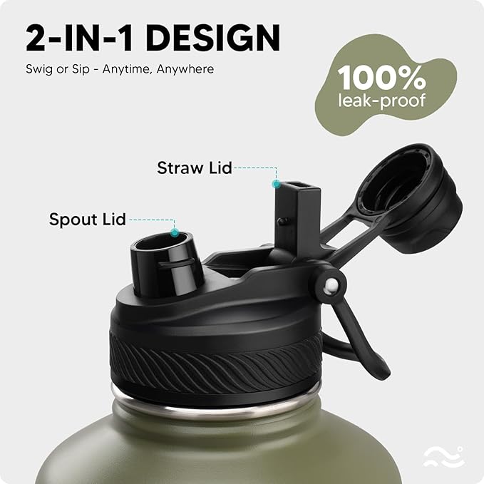 Swigina [2-IN-1 LID] 64 oz Insulated Water Bottle with Silicone Boot (48hrs Cold/24hrs Hot) - DIY Stickers, Leakproof, BPA Free, Half Gallon