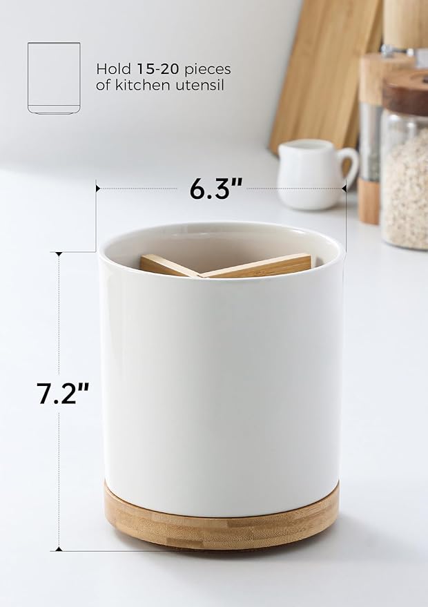 LoeJan 3 Compartment Utensil Holder, Extra Large Utensil Crock, Stable Ceramic Utensil Organizer, Cooking Tool Organizer Set for Kitchen Counter Farmhouse Decor (C-White(Grossy))