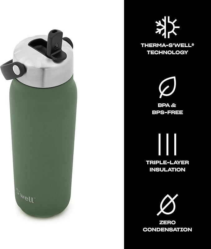 S'well Recycled Stainless Steel Explorer with Flip Straw Lid and Handle, 40oz, Green Jasper, Triple Layered Vacuum Insulated Containers Keeps Drinks Cold for 54 Hours and Hot for 12