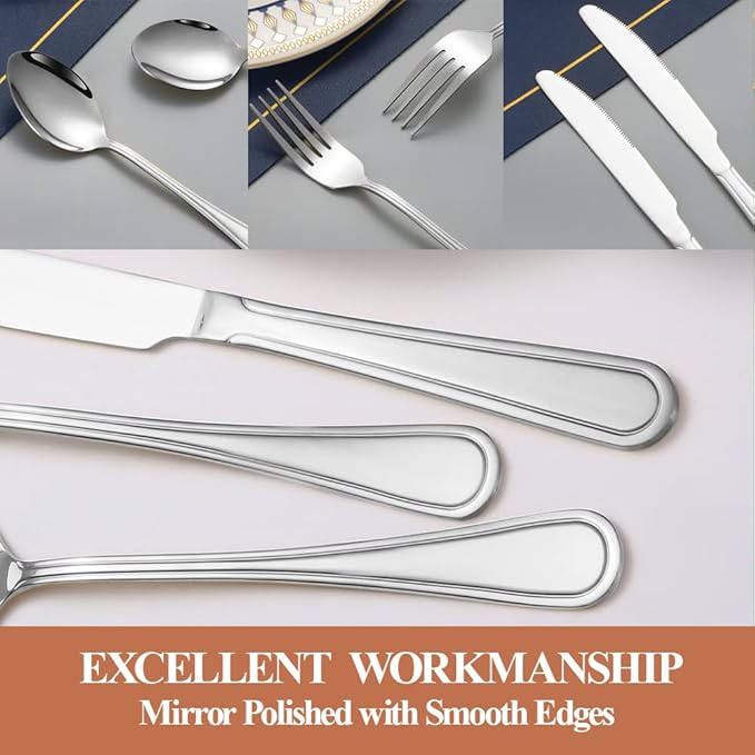 40 Pcs Silverware Set for 8 with Simple Striped Handle Design, Food Grade Stainless Steel Flatware Set, Eating Utensils Sets Include Fork/Knife/Spoon, Reusable Cutlery Set, Dishwasher Safe