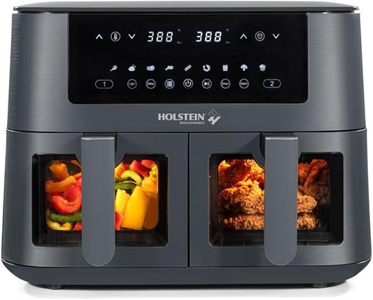 Holstein Housewares 8.4QT Dual Basket Digital Air Fryer with viewing window and led display with 7 preset options. Fry, bake, grill, dehydrate, and roast healthier recipes. Dishwasher Safe