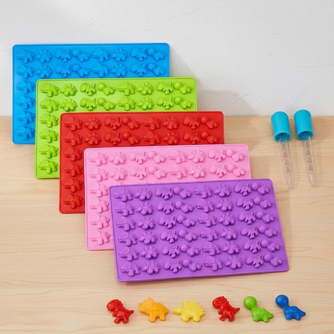 Gummy Candy Molds - 5Pcs Silicone Gummy Mini Dinosaur Molds With 2pcs Dropper,Non-stick and Bpa Free for Mini Candy Chocolate Gummies Baking