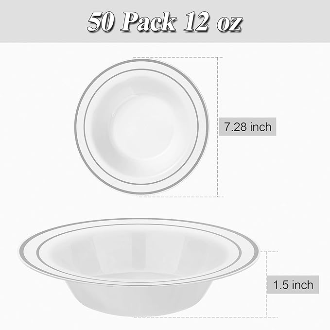 100 Pack Disposable Soup Bowls with Silver Rim, 12oz Premium Heavy Duty Plastic Dinner Bowls for Party, Wedding and Holiday