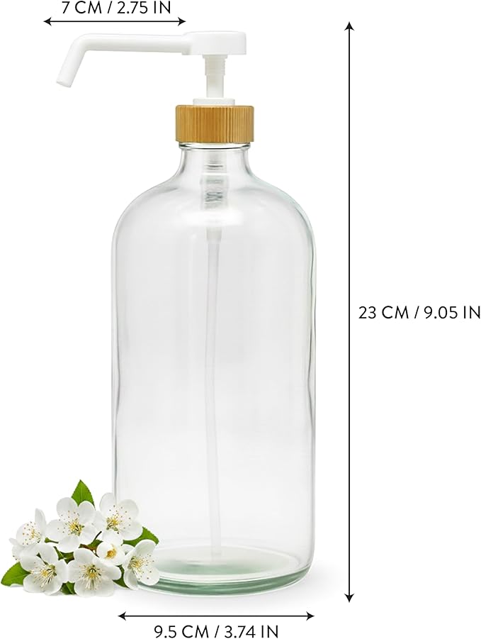 SAVVY & SORTED Glass Dish Soap Dispenser for Kitchen Sink 1 Liter, Hand Soap Dispenser for Bathroom, Refillable Clear Glass Bottles with White Bamboo Pump for Liquid Hand Wash, 34 Fl Oz