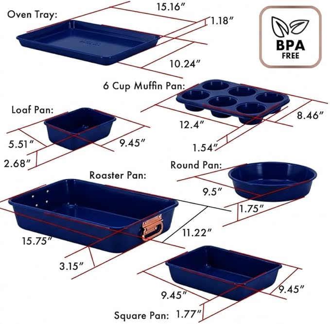Stackable Nonstick Bakeware Set, 8 Piece Baking Pan Set, Oven Safe Carbon Steel, Includes Cookie Sheet, Muffin Pan, Loaf Pan & Roaster