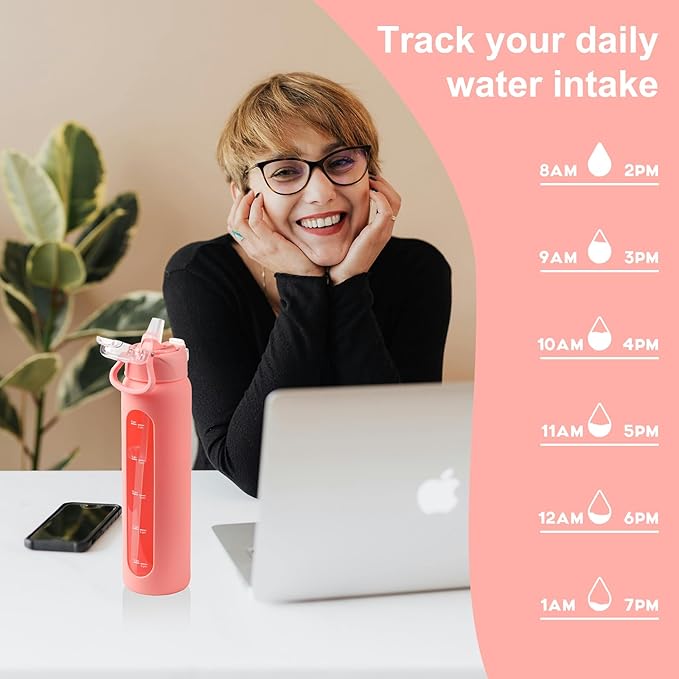 chunmo 32 oz Glass Water Bottles with 2 Lids-Handle Spout Lid & Straw Lid, 1 Liter Motivational Borosilicate Water Bottle with Time Marker and Silicone Sleeve,Leakproof-Pink-1 Pack