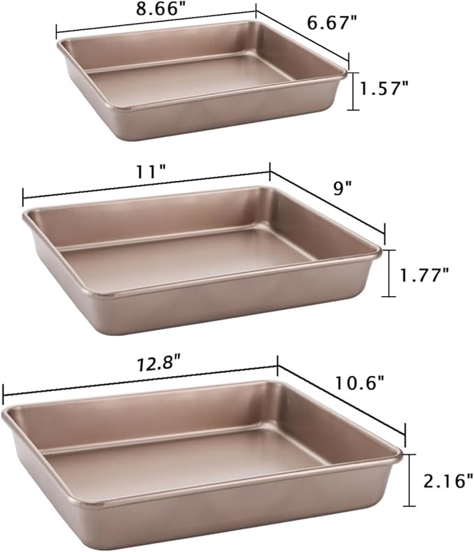 Dicunoy Set of 3 Deep Baking Pans, Nonstick Rectangle Cake Baking Sheet for Oven, Bakeware Bread Pans, Heavy Duty Carbon Steel Bread Tray, Bake Mold Turkey Roasting Pan, 8,11,12 inch