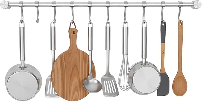 Kitchen Hanging Racks, 304 Stainless Steel 20 Inch Rail Utensil Storage Hanger with 10 Pcs Noiseless Sliding Hooks, Wall Mounted Rod Holder for Pots Pan Spatula Spoon Cookware Mug Cup