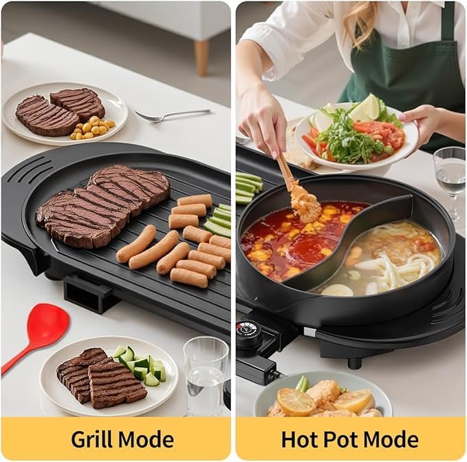 AORAN 2200W Electric Grill & Hot Pot Combo with Dual Zone Control - 26.6" Large Yin-Yang Nonstick Skillet, Indoor Smokeless BBQ Grill for Family Party, Adjustable Temperature & Easy Clean