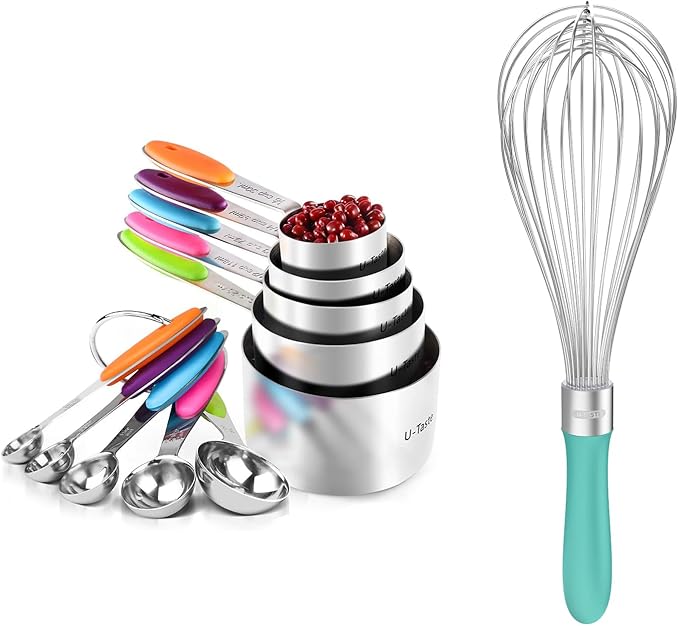 U-Taste 18/8 Stainless Steel Measuring Cups and Spoons (Set of 10, Multicolor), and 18/10 Stainless Steel Balloon Whisk for Kitchen Cooking with 12 Flex Wires (Aqua Sky)