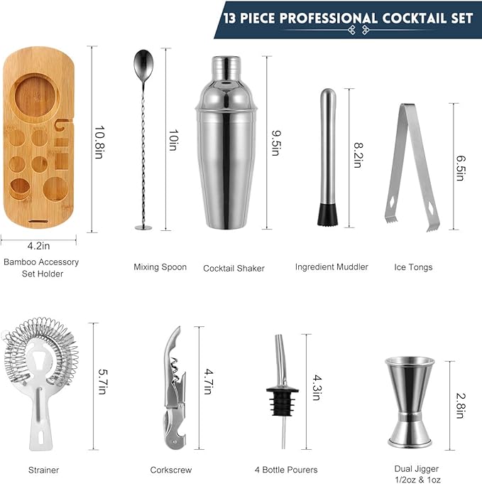 12-Piece Cocktail Shaker Set with Stand – 25oz Bartender Kit Including Shaker Jigger Muddler Bar Spoon Strainer Tongs 4 Pourers & Opener – Gift Box for Home Entertaining