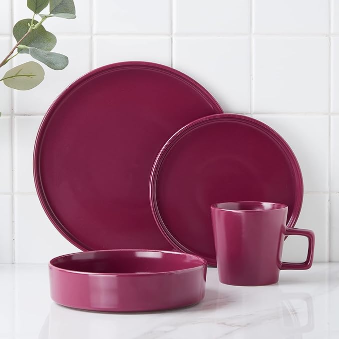 Stone Lain Cleo Modern Stoneware 16-Piece Dinnerware Set, Plates and Bowls Set, Dish Set Service For 4, Magenta