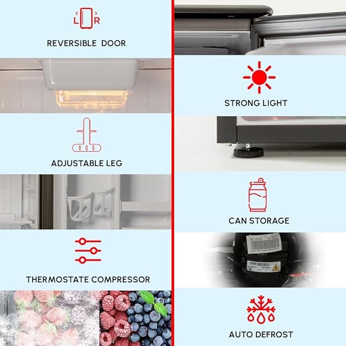 roomwell E-Star 3.3 Cu Ft Mini Fridge without Freezer - AUTO DEFROST, Reversible Single Door, Glass Shelf Refrigerator - A Space-Saving Marvel for Your Bedroom, Dorm, and Office