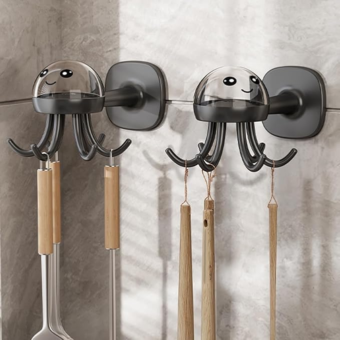 Cabilock Rotating Kitchen Utensil Holder with 6 Hooks Wall-Mounted Storage Rack, No-Drill Multi-Functional Utility Hook for Hanging Spoons, Spatulas, and Ladles, Matte Black Organizer