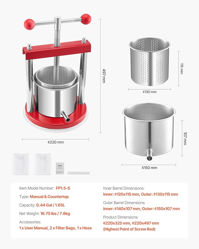 VEVOR 0.44 Gal/1.65L Fruit Wine Press, 2 Stainless Steel Barrels, Manual Juice Maker, Cider Apple Grape Tincture Honey Olive Oil Making Press with T-Handle for Outdoor Kitchen Home