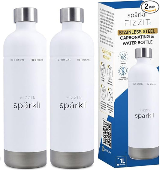 FIZZ IT Spärklí 1L Stainless Steel Carbonation Bottle 2-Pack – Reusable Sparkling Water Maker Accessory Dishwasher Safe Leakproof – Fits Aarke II & III, Philips & More – BPA-Free, Cup Holder Friendly