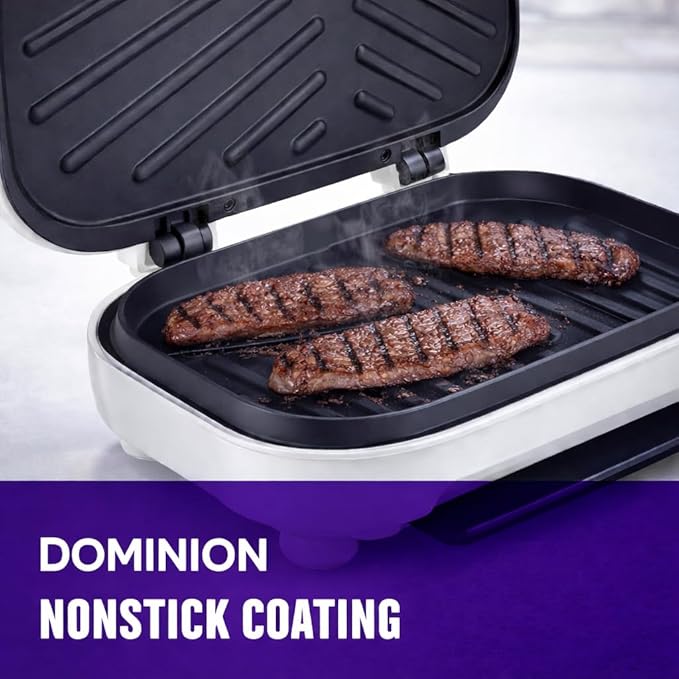 Dominion 2-Serving Classic Plate Electric Indoor Grill and Panini Press, Easy Storage & Clean, Perfect for Breakfast Grilled Cheese Egg & Steak, White