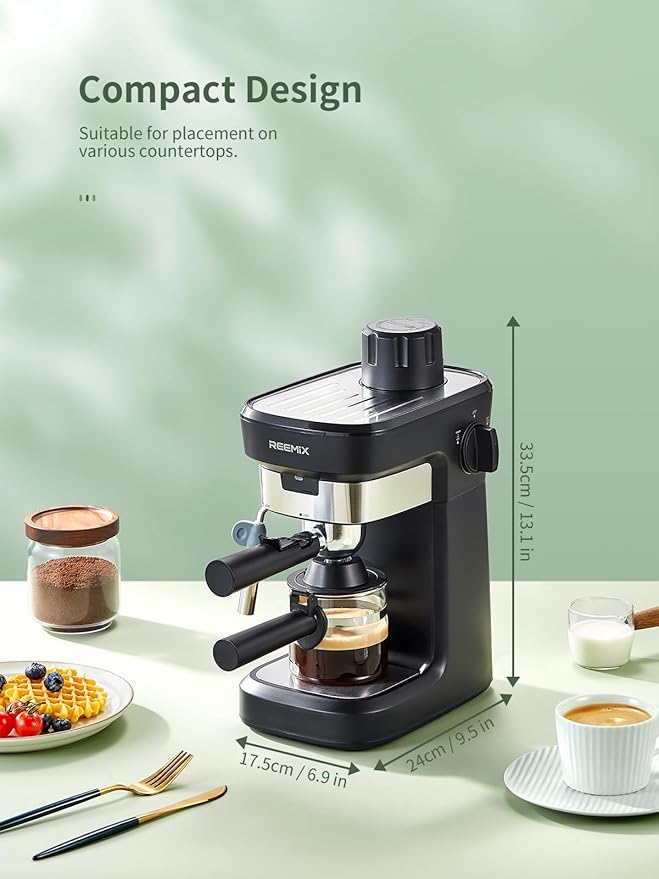 Reemix Espresso Machine 6 Bar, Rich Crema Coffee Maker, Auto Pressure Relief, Compact Home Coffee Brewer Machine, Black
