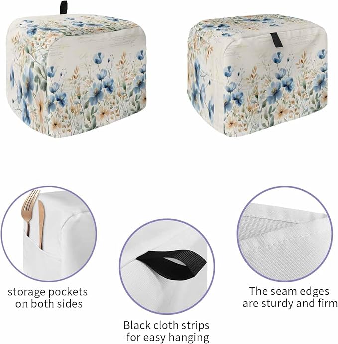 Blue Flowers Rustic Toaster Cover 2 Slice, Spring Vintage Botanical Dustproof Bakeware Oven Protector with Top Hook, Floral Beige Waterproof Small Kitchen Appliance Toasters Dust Cover, 11"x6"x8"