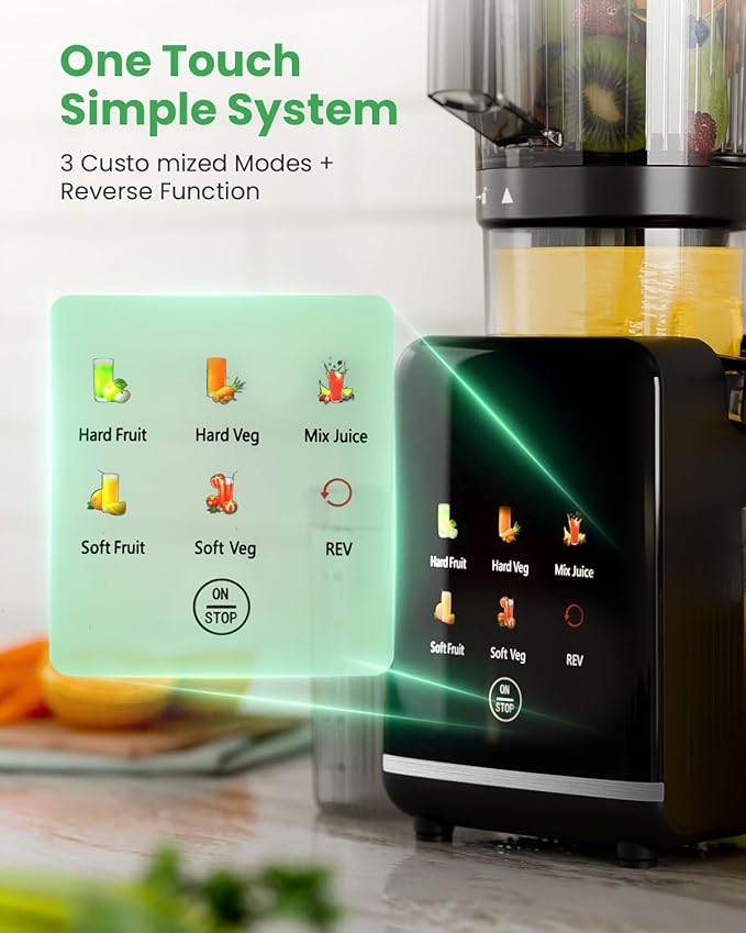 Kismile Cold Press Juicer Machine with 5 Modes, ABS Housing & HD Display, 4.5" Wide Feed Chute Slow Juicer for Fruits & Vegetables, Quiet Masticating Juicer Press, Easy to Clean, High Juice Yield