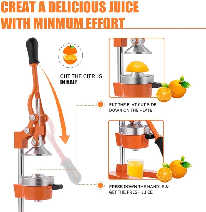 Commercial Heavy Duty Cast Iron Hand Press Manual Orange Citrus Lemon Lime Grapefruit Pomegranate Fruit Juice Squeezer Machine with Stainless Steel Cup