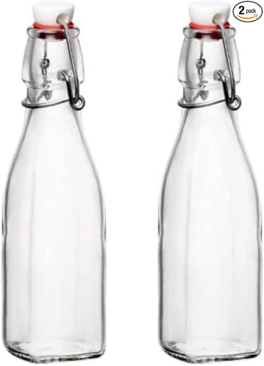 Bormioli Rocco Swing Top Glass Bottle (Set of 2) - 8.5 oz Kitchen Containers with Airtight Seal, Ideal for Homemade Dressings, Syrups, Infused Oils, Small-Batch Beverages - Glassware for Kitchen
