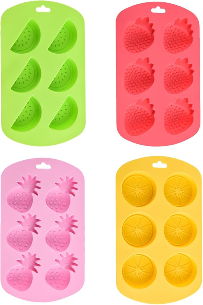 4 Pack Fruit Silicone Molds Set - Watermelon/Strawberry/Lemon/Pineapple Shapes for Gummy, Chocolate, Ice Cubes - Reusable Candy & Cake Decor Baking Tools