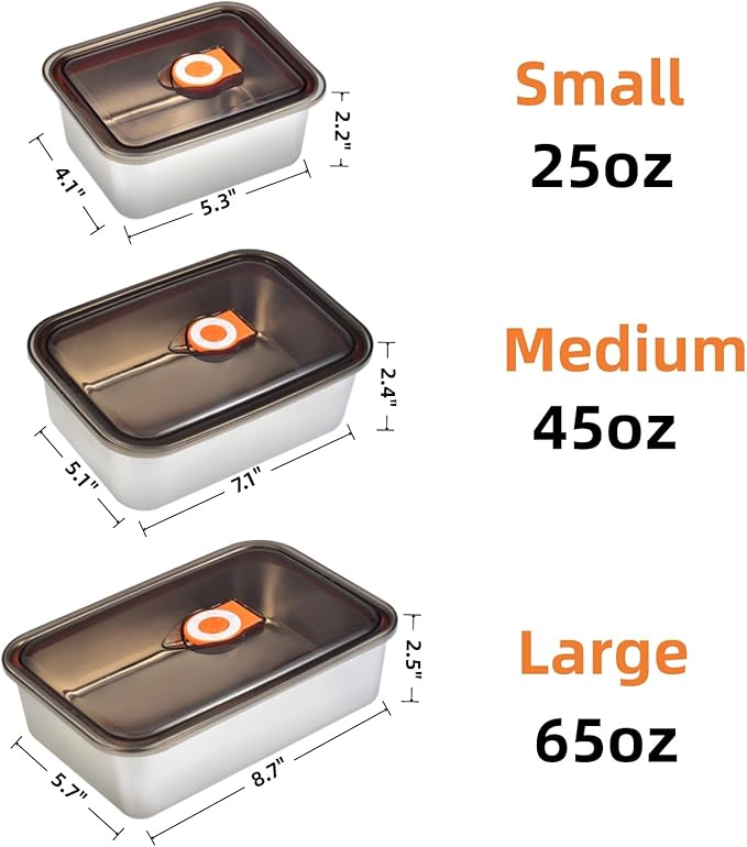 Stainless Steel Lunch Box Container with Lid, Pack of 3 Bento Snack Boxes for Work, Travel or Picnics, Dishwasher Safe, 25oz, 45oz, 65oz