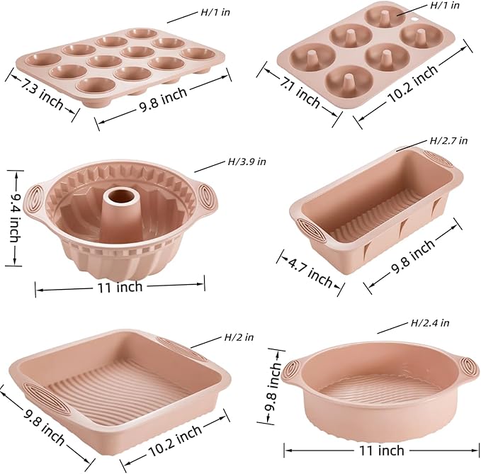 Nonstick Silicone Bakeware Set, 6 set Baking Cake Pan, Economical BPA Free Heat Resistant Bakeware Tools for DIY Loaf Bread Cheesecake Pizza Cupcake Muffin (Pink)