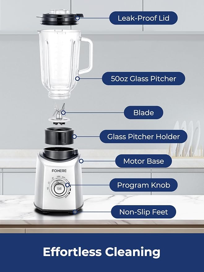 FOHERE Professional Blender Peak 1300W, Countertop Blender with 3 Presets＆ 5 Speeds for Smoothies, Shakes, and Frozen Drinks, 50 Oz Glass Jar ＆20 Oz Tritan Jug