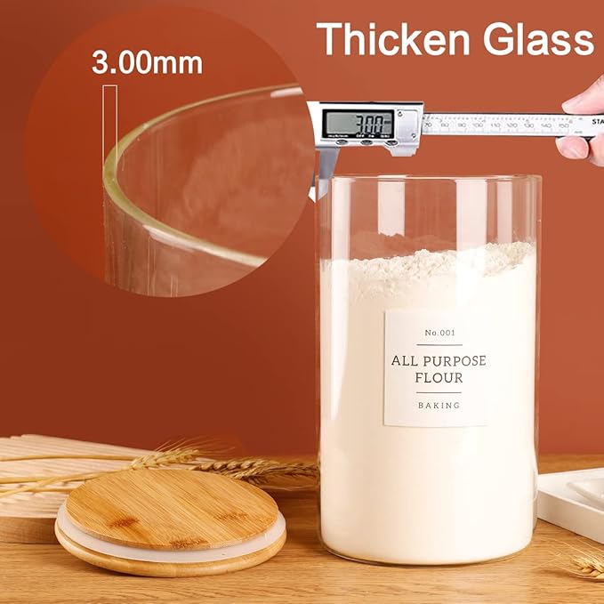 HHMJSM 1 Gallon Large Glass Food Storage Containers With Airtight Bamboo Lid - Kitchen Glass Storage Jars Canister With 42 Pantry Labels - Thicken Big Clear Rice Containers For Your Pantry